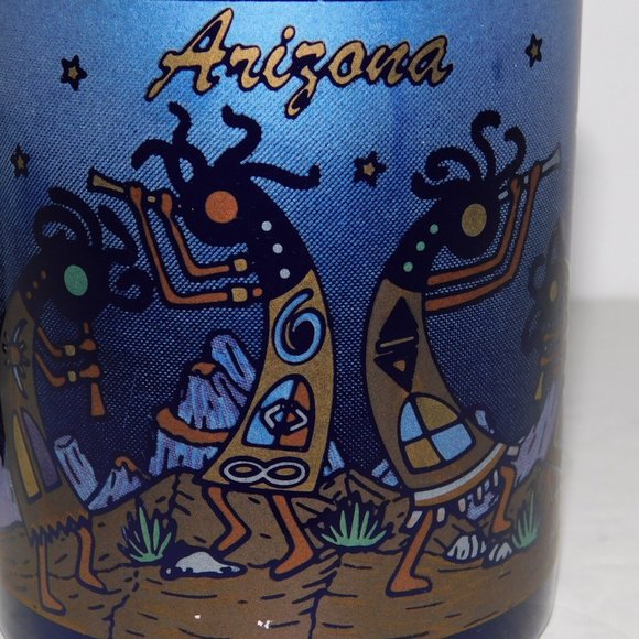 Vintage ARIZONA Kokopelli Flute Playing Dancing Blue Metallic Coffee Mug - Picture 2 of 7